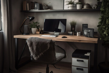 Canvas Print - An image showcasing a well-organized home office setup, featuring a neat desk, office supplies, and a laptop, representing productivity and modern work-from-home culture.