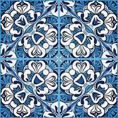  Blue Tiles Background, Old Fasion Retro Azulejo Mosaic Tile, Vintage Portuguese Wall Ceramic Seamless Pattern