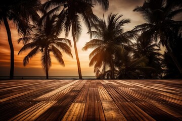 Wall Mural - a floor made of wood, with palm plants growing in the backdrop Generative AI