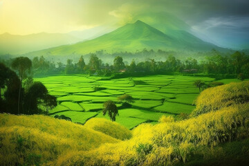 Wall Mural - a mountain can be seen in the distance behind a field that is covered with verdant vegetation. Generative AI