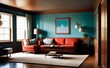 © Fernando - a living room with teal walls and orange furniture - Generative AI