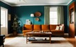 © Fernando - a living room with teal walls and orange furniture - Generative AI