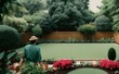 © Fernando - a man in a hat is standing in a backyard with flowers - Generative AI