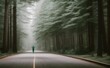 © Fernando - a person walking down a road in the middle of a forest - Generative AI