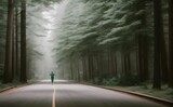 Fototapeta Londyn - a person walking down a road in the middle of a forest - Generative AI