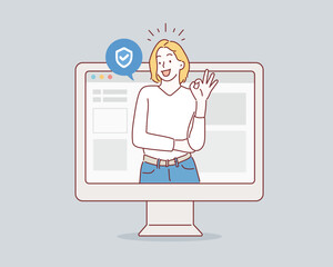 Wall Mural - woman using laptop computer with shield. hand drawn style vector design illustrations.