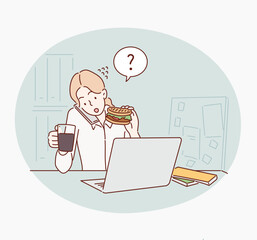 Wall Mural - Busy at work. Woman has business lunch in office, talking on mobile and using laptop. Hand drawn style vector design illustrations.