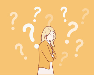 Question, brainstorm, thinking concept of dream woman. Hand drawn style vector design illustrations.