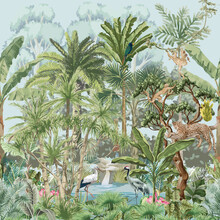 Tropical Forest With Stork, Bird, Monkey, Cheetah, Tree, Plant, Lake Illustration For Wallpaper Mural