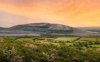 beautiful sunrise landscape scenery, mountains at burren national park, county clare, ireland, natur