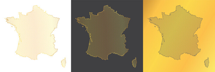 Wall Mural - set of 3 abstract maps of france - vector illustration of striped gold colored map