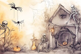 Fototapeta Paryż - Halloween Spooky Nighttime Scene with pumpkins, spider, zombies. Post processed AI generated image