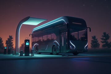 Sticker - The bus is at a stop at night, side view. Sports car, futuristic autonomous vehicle. HUD car. Generative AI