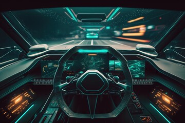 Fototapete - Interior of a car in neon light, view from the salon. Sports car, futuristic autonomous vehicle. HUD car. Generative AI