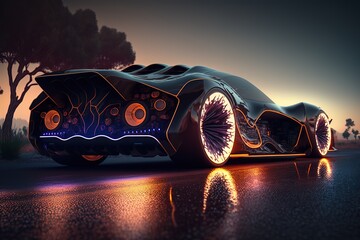 Sticker - The car stands on the road in the night city, side view. Sports car, futuristic autonomous vehicle. HUD car. Generative AI