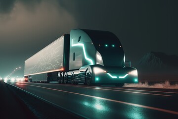 Poster - A large cargo vehicle is driving on a night road, side view. Sports car, futuristic autonomous vehicle. HUD car. Generative AI