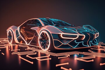 Wall Mural - Modern car stands at night in neon lights, side view. Sports car, futuristic autonomous vehicle. HUD car. Generative AI