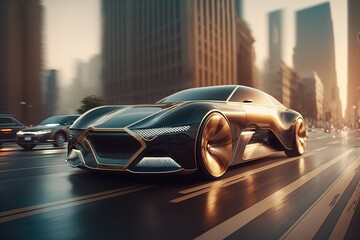 Poster - Car is driving through the city, side view. Sports car, futuristic autonomous vehicle. HUD car. Generative AI