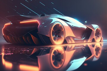 Wall Mural - Car is driving through the city, back view. Sports car, futuristic autonomous vehicle. HUD car. Generative AI