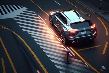 Poster - The car rides through the city, top view. Sports car, futuristic autonomous vehicle. HUD car. Generative AI