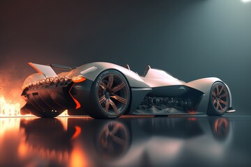 Poster - The car stands in a dark garage with neon light, side view. Sports car, futuristic autonomous vehicle. HUD car. Generative AI