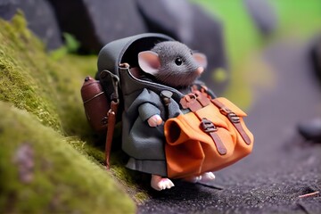 Sticker - Charming mouse in clothes and with a big bag travels through the mountains. Generative AI