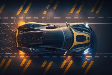 Wall Mural - The car stands on the road of the city, top view. Sports car, futuristic autonomous vehicle. HUD car. Generative AI