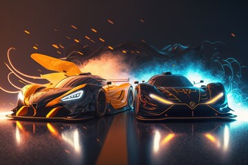 Poster - Two cars stand on a night road, front view. Sports car, futuristic autonomous vehicle. HUD car. Generative AI