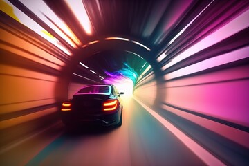 Leinwandbilder - The car rides in a neon tunnel, rear view. Sports car, futuristic autonomous vehicle. HUD car. Generative AI