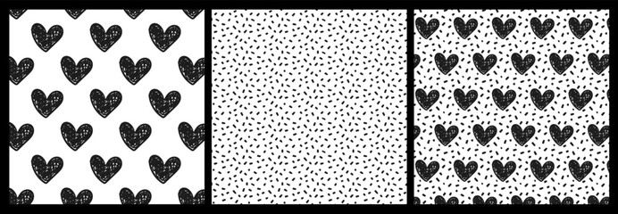 Poster - set of patterns with textured black hearts and dots. pattern with strokes. hand-drawn