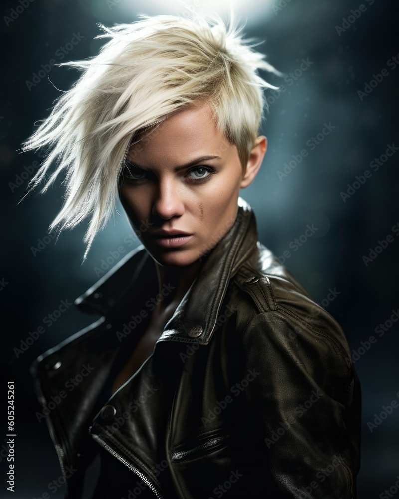 Short Hair Blonde Punk Rocker Girl Portrait. Generative AI 