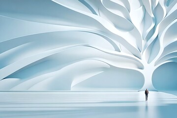 businesswoman standing in abstract white interior with blue background 3d rendering (ai generated)