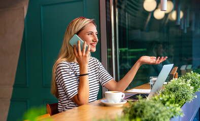 Wall Mural - Portrait of happy young woman using smartphone. People mobile phone communication work concept