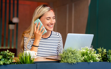 Wall Mural - Freelancer young woman working on laptop. People education business study happy lifesytle concept