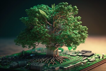 Aufkleber - A growing tree at the convergence point of the computer's printed circuit board.Generative AI