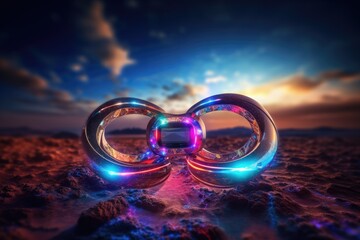 two rings resting on a sandy beach