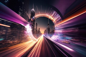 Leinwandbilder - Abstraction of speed with blue light from the lights of buildings in the metropolis at night.Generative AI