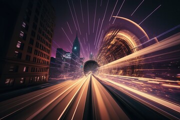Leinwandbilder - Abstraction of speed with blue light from the lights of buildings in the metropolis at night.Generative AI