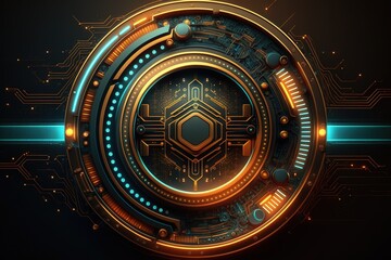 Leinwandbilder - Abstract technological background with a high-tech circle, a beam of light and a contour pattern.Generative AI