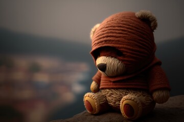 Sticker - Teddy bear in a red knitted hat and jacket on the background of nature. Generative AI