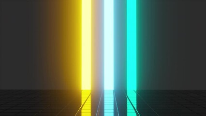 Wall Mural - Black grid cubes with colorful neon lines. Computer generated 3d render