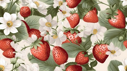 Wall Mural - Seamless botanical pattern with flowers and berries of strawberry on white background. Generative AI