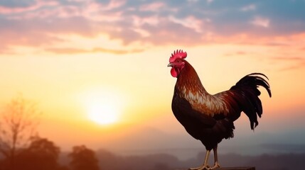 Wall Mural - Peter denies Jesus concept: rooster on blurred beautiful sunrise sky with cross background, Generative AI