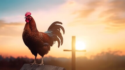 Wall Mural - Peter denies Jesus concept: rooster on blurred beautiful sunrise sky with cross background, Generative AI