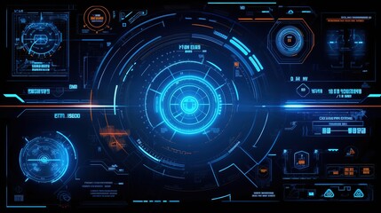 Sticker - The sci-fi futuristic HUD dashboard displays a virtual reality technology screen.Hud,GUI for game background design. Technology background. Digital data. Generative AI