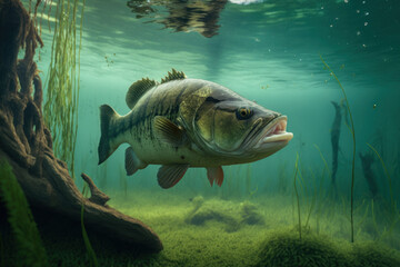 Wall Mural - Big predatory fish in habitat underwater looking for prey. Fishing concept, Generative AI