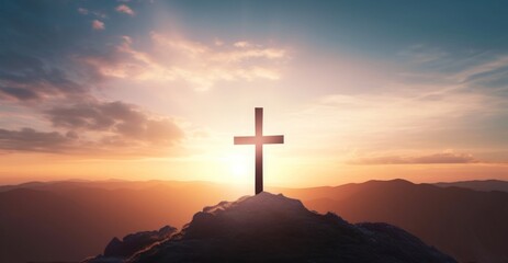 Wall Mural - Easter concept: The cross on mountain sunset background, Generative AI