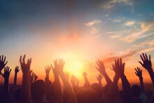 Worship And Praise Concept: Christian People Hand Rising On Sunset Background, Generative AI