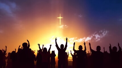 Wall Mural - Worship and praise concept: Silhouette many people raised hands over sunset background, Generative AI