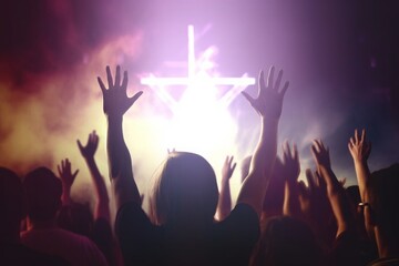 Wall Mural - Church worship concept: Christians raising their hands in praise and worship at a night music concert, Generative AI